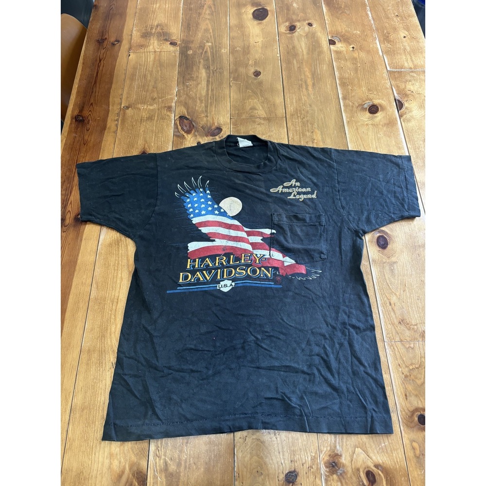 Vintage 1989 Harley Davidson Ft Wayne Indiana T-Shirt Mens L Black Eagle Flag
